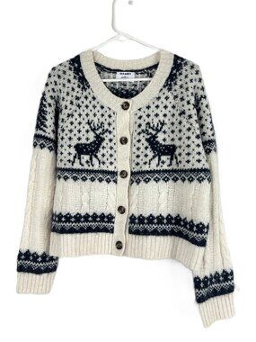 Old Navy Reindeer Fair Isle Cardigan Sweater Cream Blue Knit Viral M